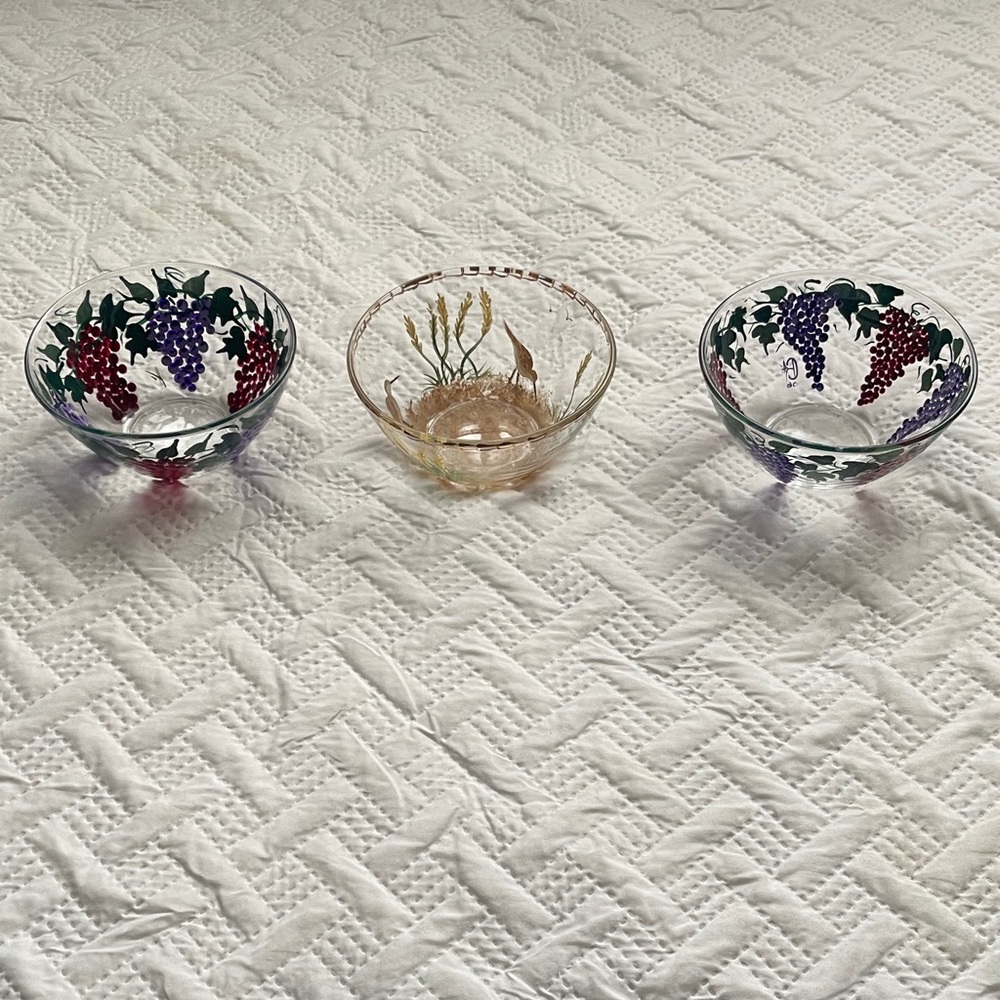 Arc France (3) Decorative Glass Bowls with Grape and Floral and bird Designs